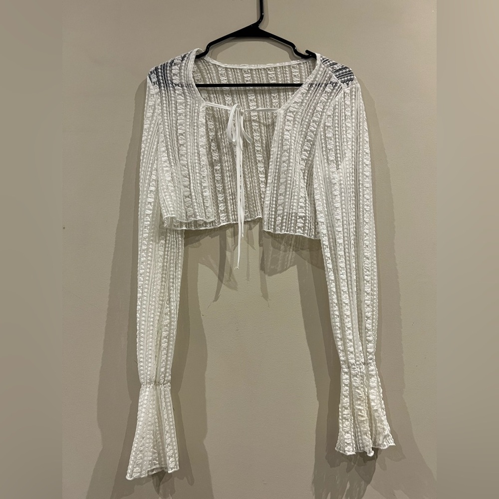 White Cropped Tie-Front Textured Cardigan
